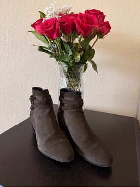 Women's Dark  Olive Green Suede Ankle Boots with Buckle Detail